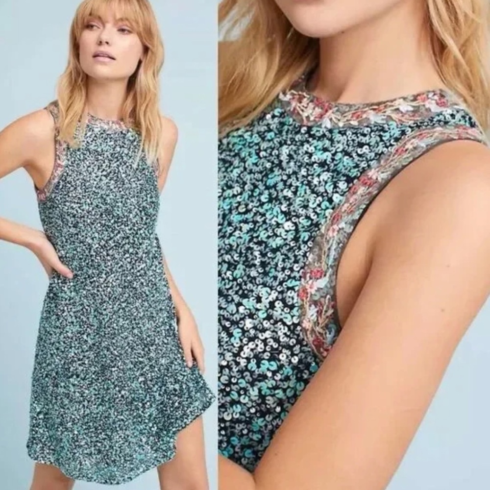 Anthropologie VARUN BAHL Lt Blue Sequin Embroidered Party Short Occasion Dress~2